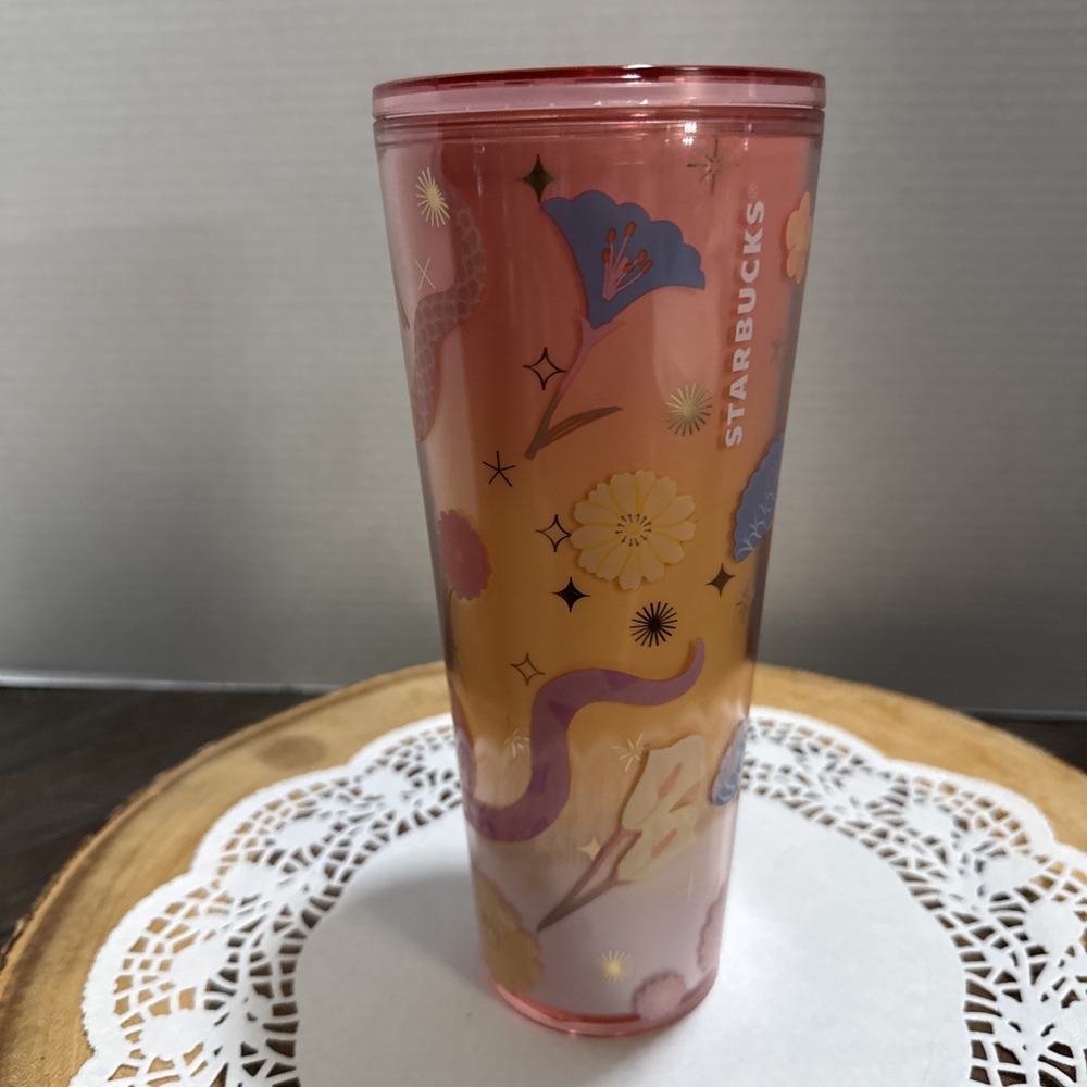 Starbucks 2025 Lunar New Year Snake 24oz Cold Cup Pink Floral Tumbler No Straw
